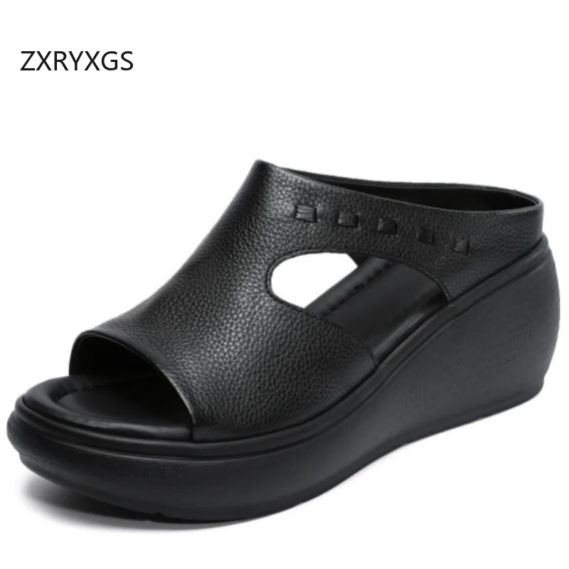 

ZXRYXGS 2026 Summer Top Layer Cowhide Fish Mouth Outerwear Slippers Fashion Elegant Comfortable Wedges Slippers Women's Slippers
