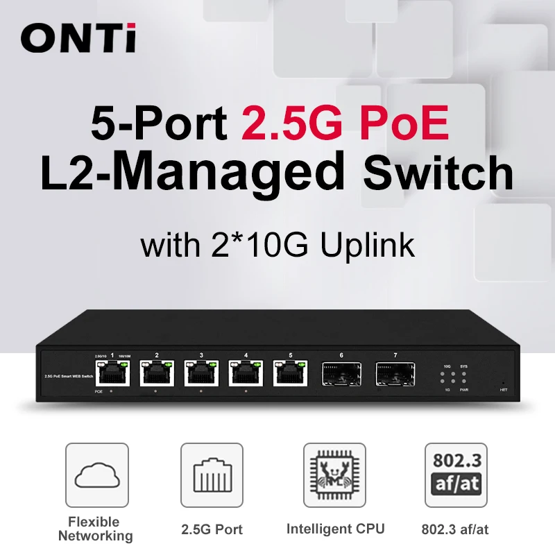 ONTi-5 Port 2.5G Web Managed PoE Switch , with 2x10G SFP+ L2- Uplink Switch