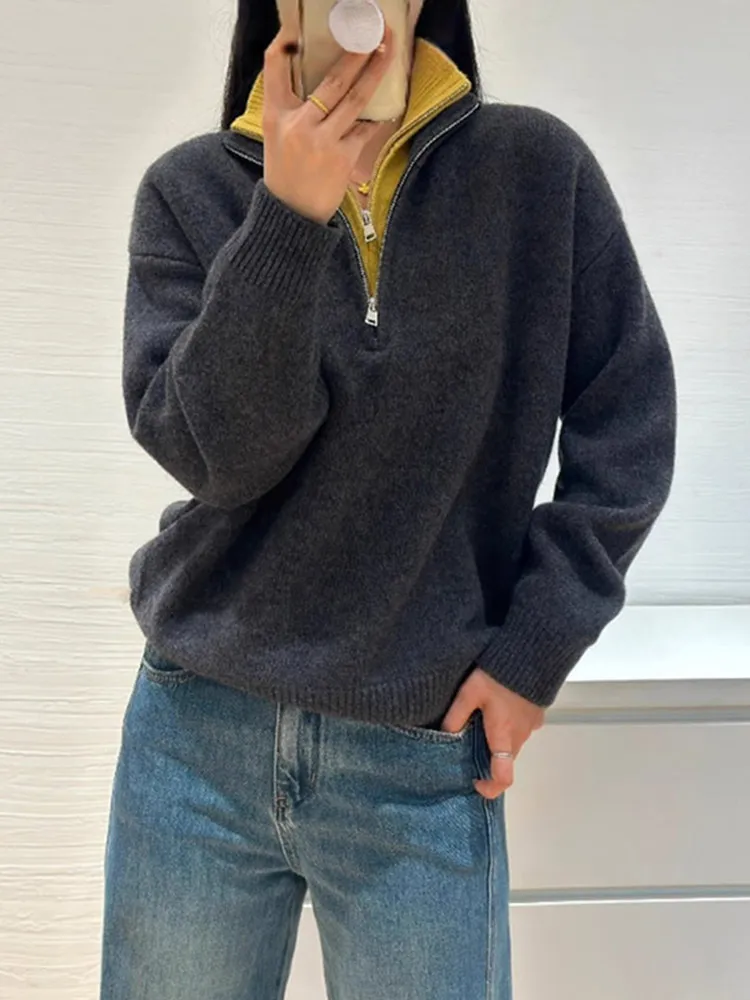 

Casual Loose Long Sve Knitted Sweater Women's Overhead High-End Feel f Zip Design Sense Fake Two-Piece Commute Sle
