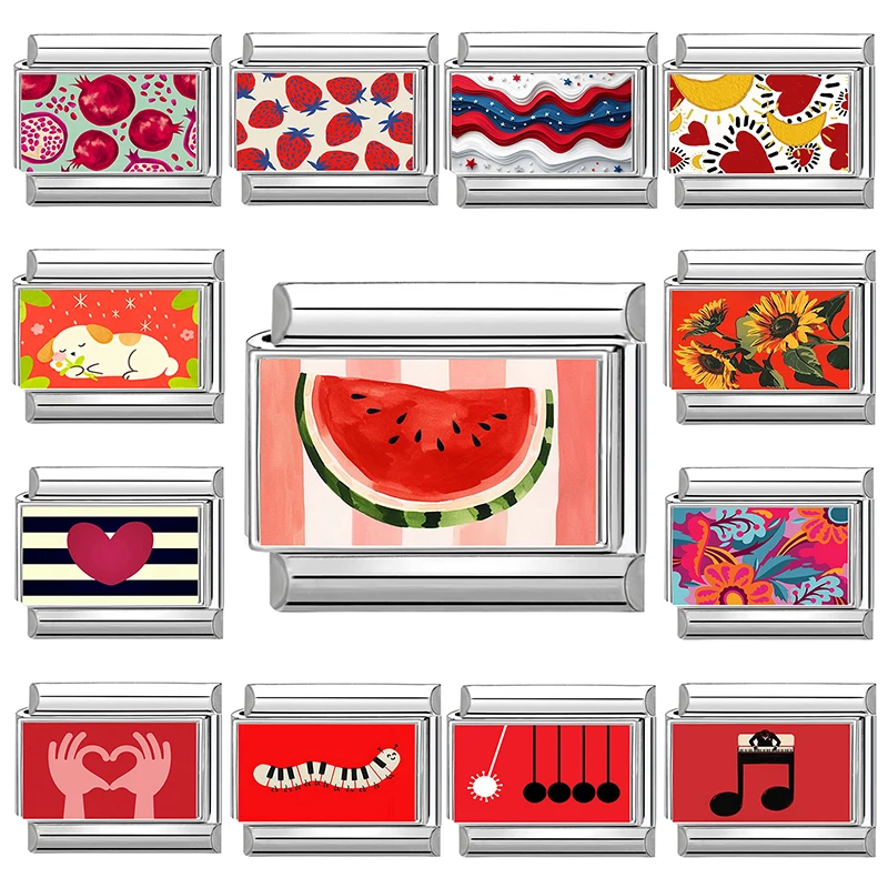 Y2K Watermelon Dog Tomato Heart Flower Red Italian Charm Link Fit 9mm Stainless Steel Jewelry DIY Making Bracelets For Gifts