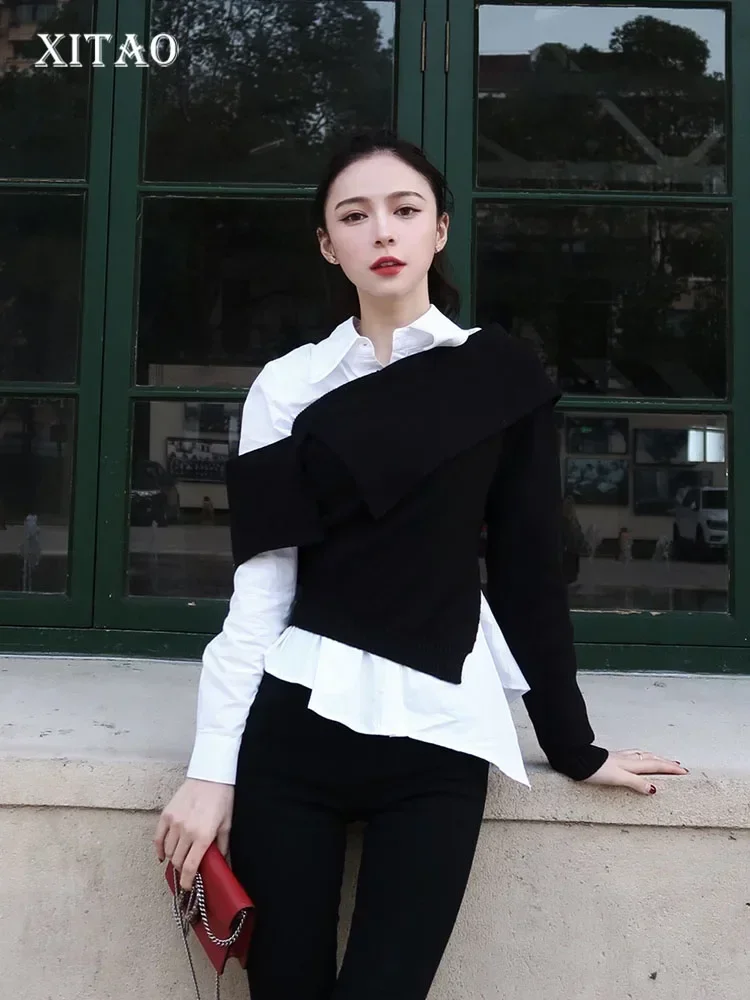 

XITAO Irregular Hit Color Blouse Fashion New Women 2024 Spring Full Sleeve Elegant Small Fresh Two Piece Set Shirt GCC3342