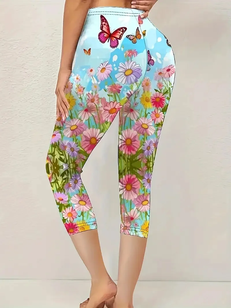 Butterfly& Floral print stretch slim elastic waist tight casual leggings capri pants women