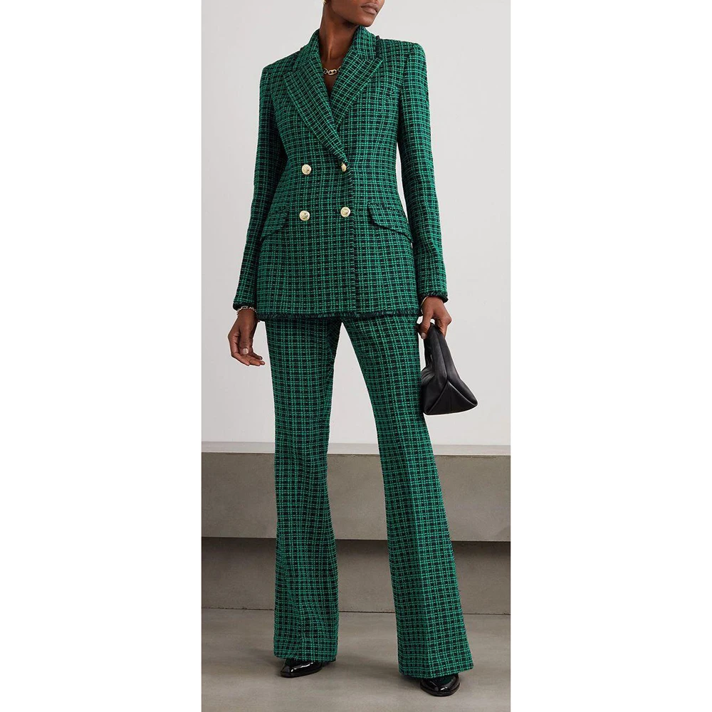 Luxury Green Checkered Double Breasted Button Women Suit Custom Made Long Sleeve Evening Fashion Wear 2 Pieces