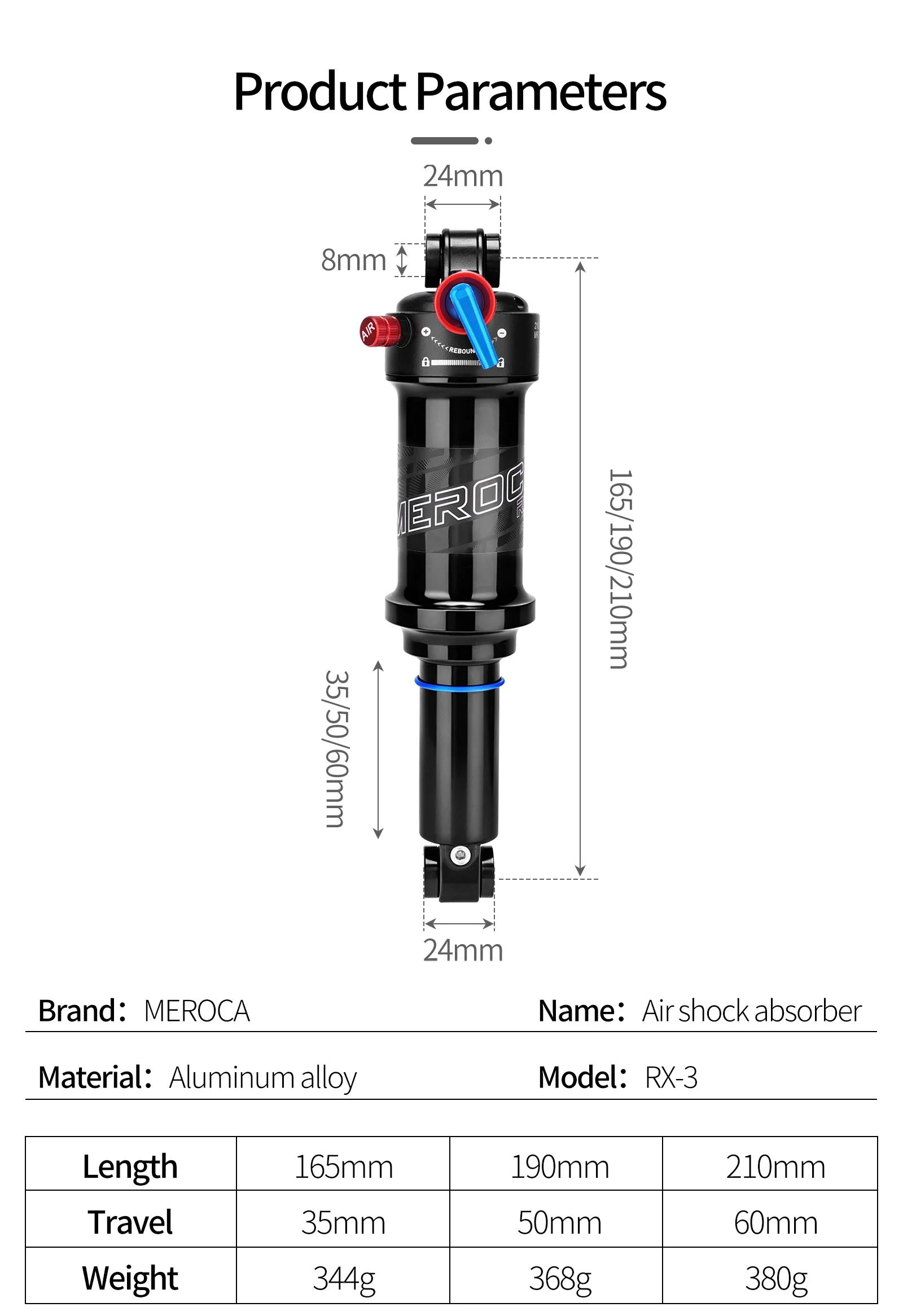 MEROCA RX3 Fahrrad-Luftstoßdämpfer 165mm/190mm/210mm Mit Dämpfungs-/Luft-Einstellungs-/Verriegelungsfunktion MTB Hinterer Stoßdämpfer – Detail 2