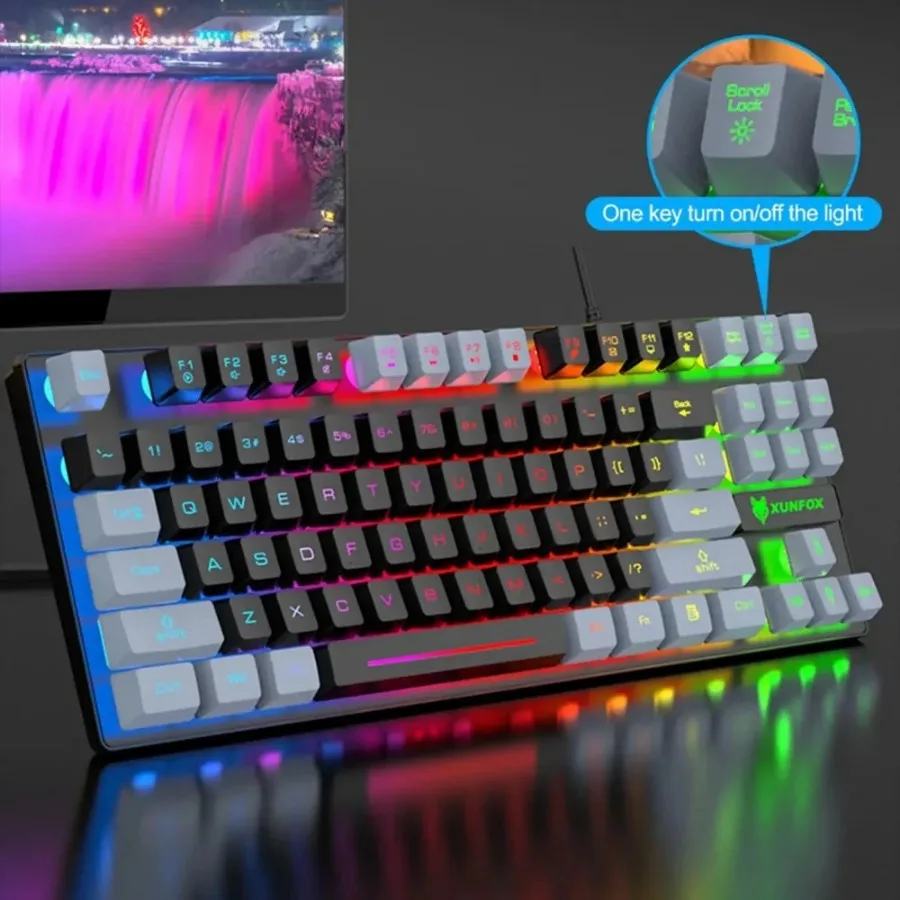 K10 87 Key USB Wired Mechanical Gaming Keyboard with Rainbow LED Backlight for Typing and Gaming Enthusiasts