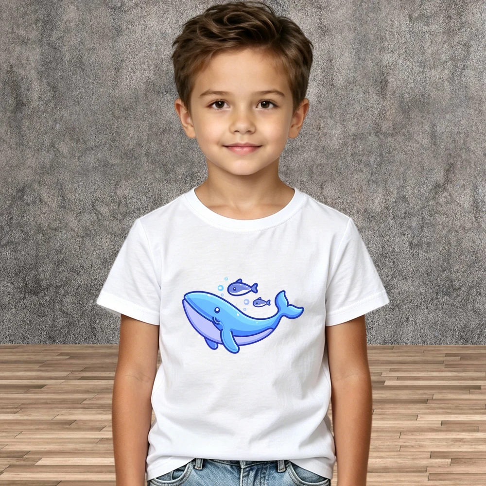 Cute Whale with Fish Pattern Kids T-Shirt Summer New Boys Girls Short Sleeve Casual Tops