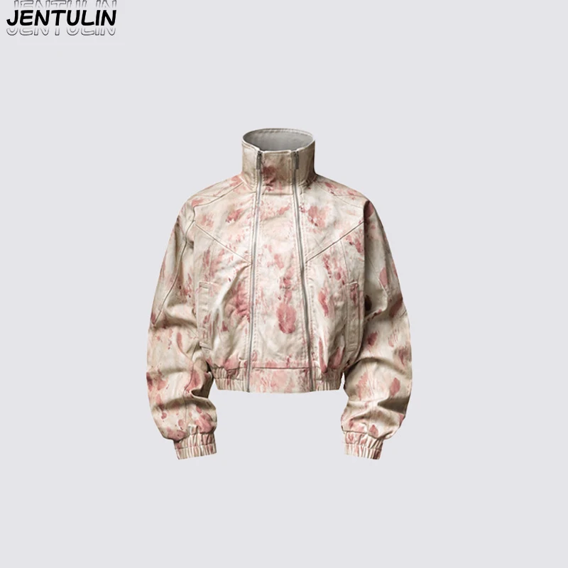 American-Style Dirty Pink Tie-Dye Short Jacket With Stand-Up Collar High-Waisted Slightly Flared Distressed Jeans Two-Piece Set