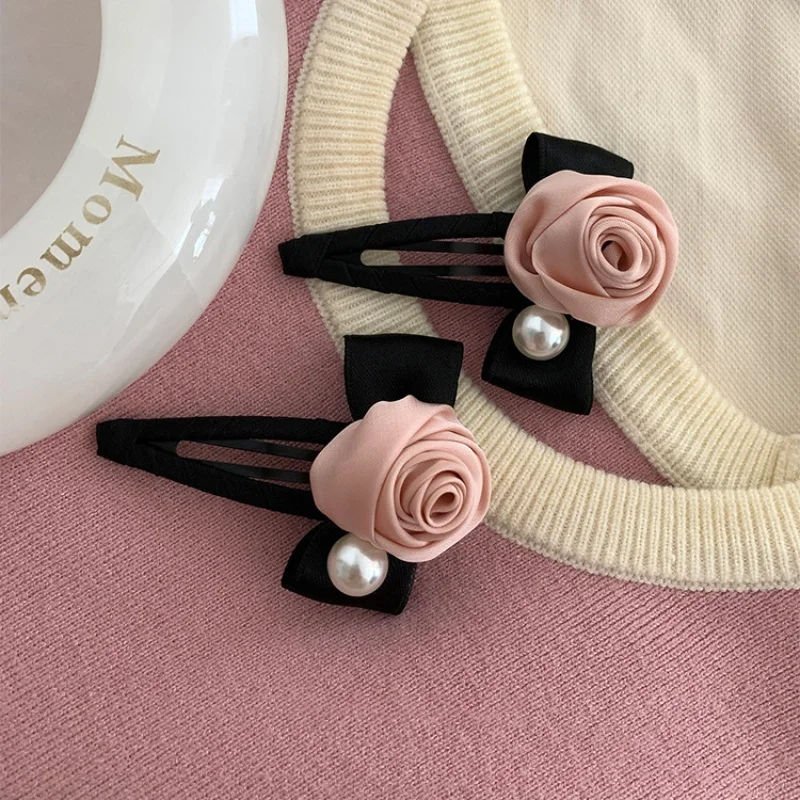 Delicato romantico nero rosa rosa accessori per capelli fermagli per capelli per le donne corea moda lungo nastro camelia capelli artigli copricapo