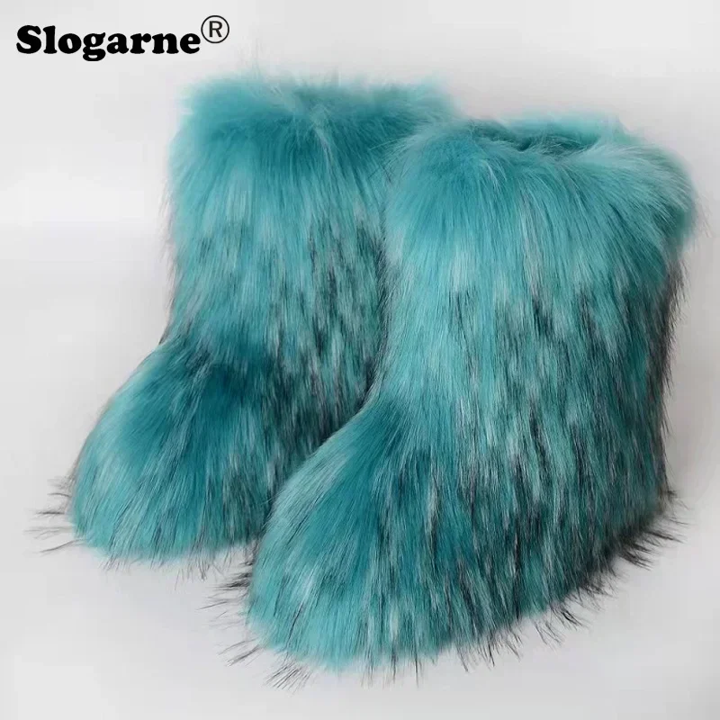 2024 Women's Winter Faux Fox Fur Boots Woman Plush Warm Snow Boots Luxury Footwear Girls' Furry Fur Bottes Fashion Fluffy Shoes