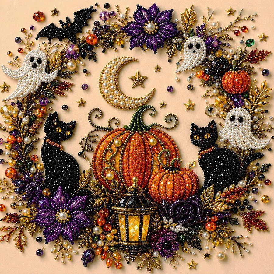 Halloween Hexen-Geister-Perlen-Kunst-DIY-Set, Perlen-Malset für Erwachsene, Halloween-Perlen-Diamant-Malerei (verschiedene Designs verfügbar: Highland-Kuh, Hexe, Geist, Kürbis, Schwarze Katze, Totenkopf, Krähe), handge – Detail 7