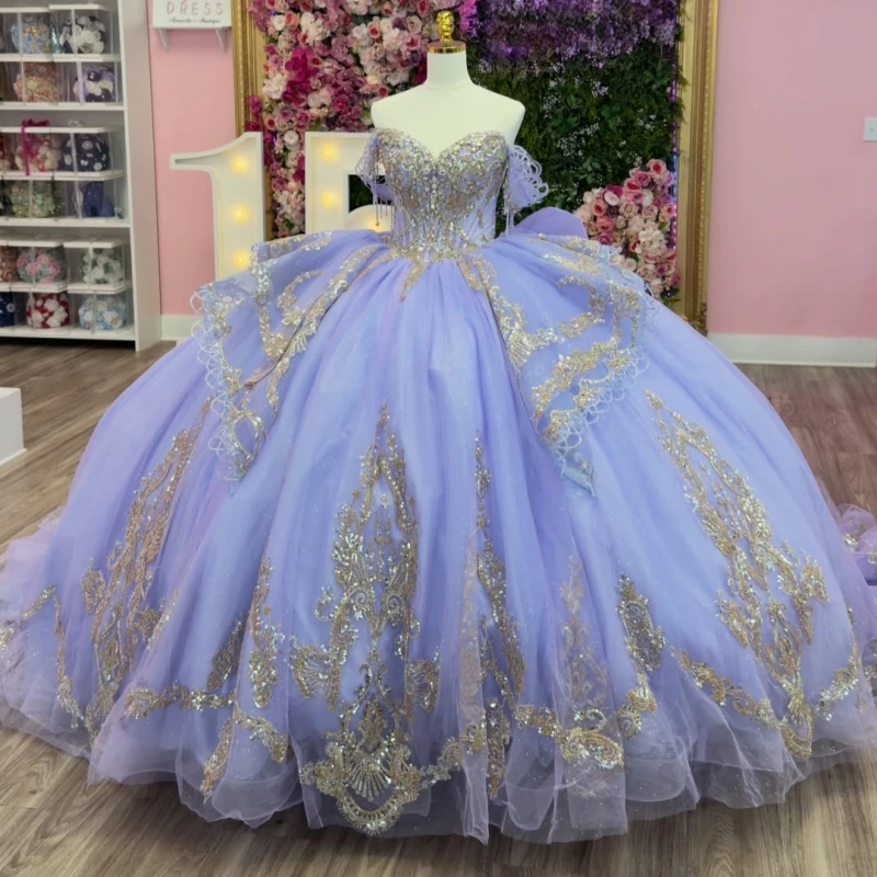 

lavanda Shiny Ball Gown Quinceanera Dresses Gold Applique Lace Beading Crystal Tiered Tull Corset Off The Shoulder Sweet 16 Dres