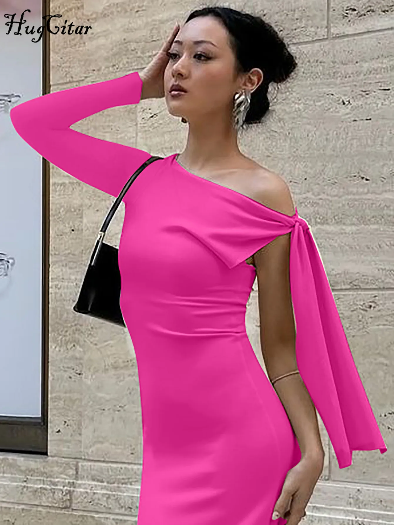 Hugcitar Elegant Solid One Shoulder Long Sleeve Bandage Irregular Sexy Bodycon Mini Dress Women Y2K Outfit Party Festival Club