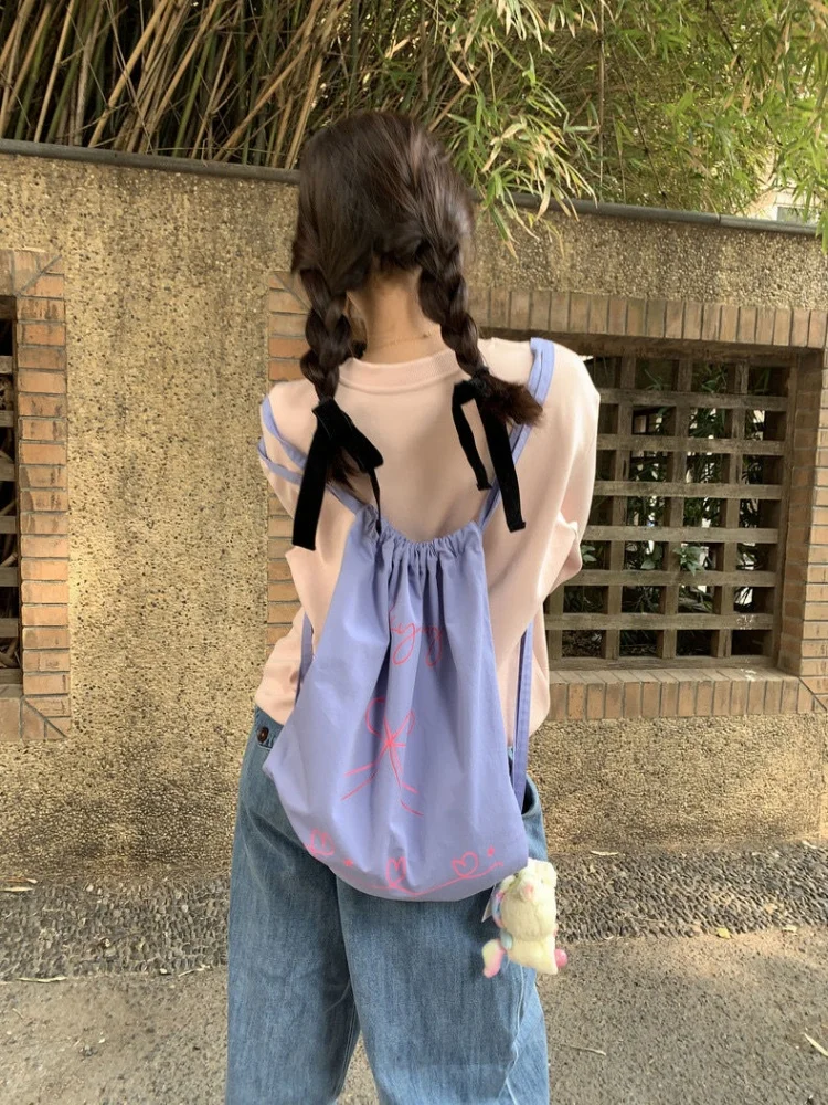 Mochila de viaje escolar con lazo púrpura para niña, mochila informal con cordón, a la moda