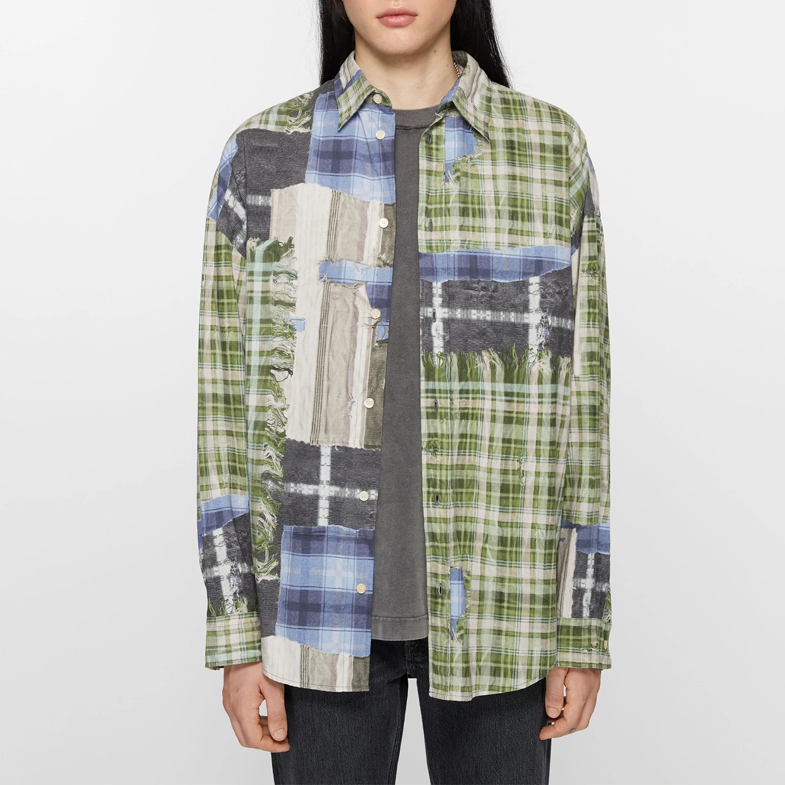 NIGO Men's Women's Spring And Autumn Cotton Washed Splicing Checkered Printed Button Long Sleeve Loose Shirt Ngvp #nigo8965