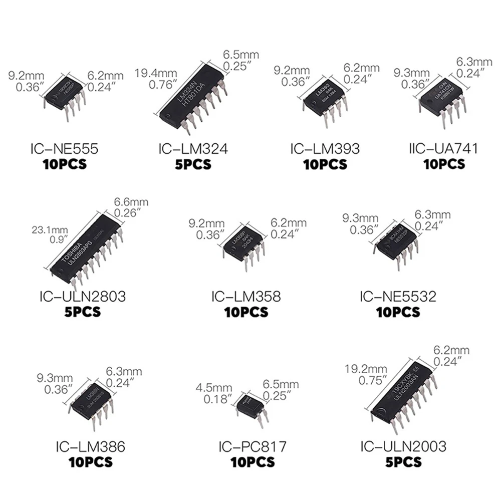 85Pcs/lot NE555 LM324 LM393 UA741 ILN2803 LM358 NE5532 LM386 PC817 ULN2003 DIP IC Chips Assortment Kit Set with Storage Box