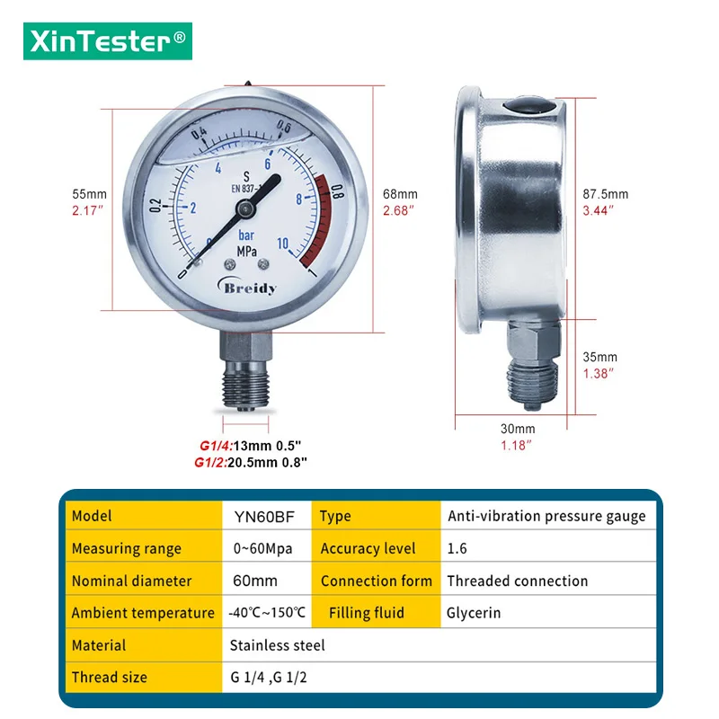 Xin Tester 0-60mpa Anti-vibration Pressure Gauge Radial/Axial Air Hydraulic Water tainless Steel Oil Manometer Thread G1/4 G1/2