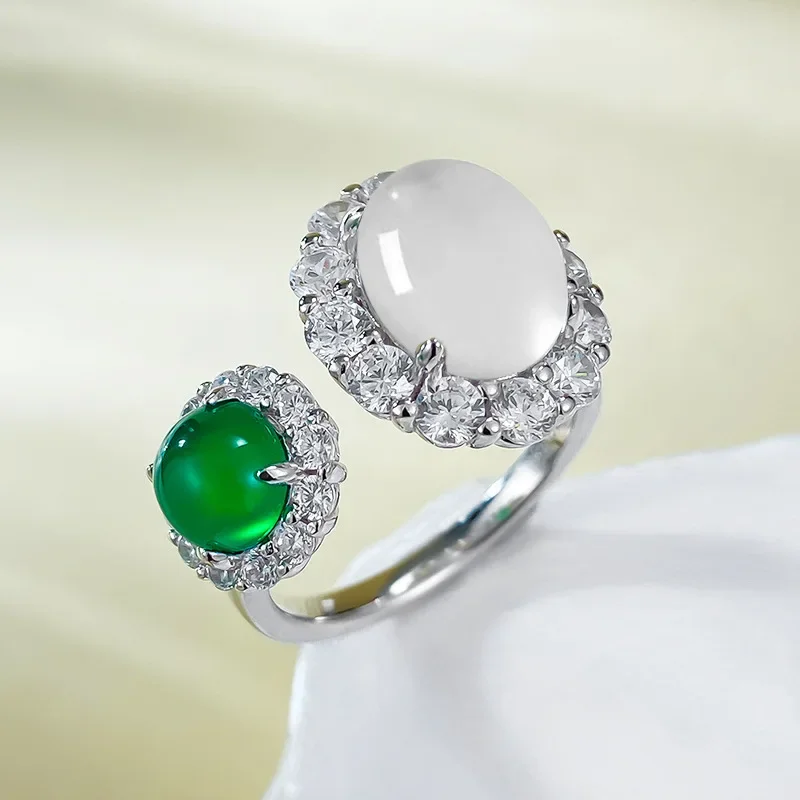 

S925 Silver Inlaid Natural Foam Jade 8 * 10mm Oval Open Ring with Egg Green Chalcedony 6.0 Wedding Jewelry