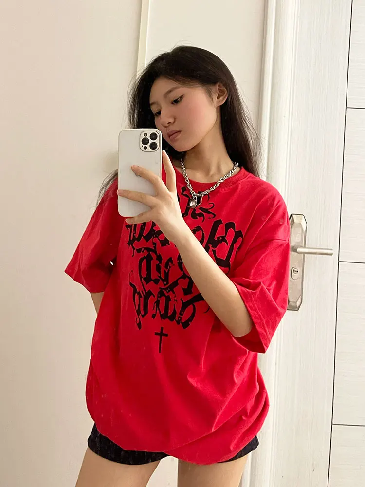 ADAgirl Red Harajuku Short Sleeve T-shirt Women Vintage Oversized Streetwear 90s Y2k Tees Loose Casual Top Kpop Hippie Clothes