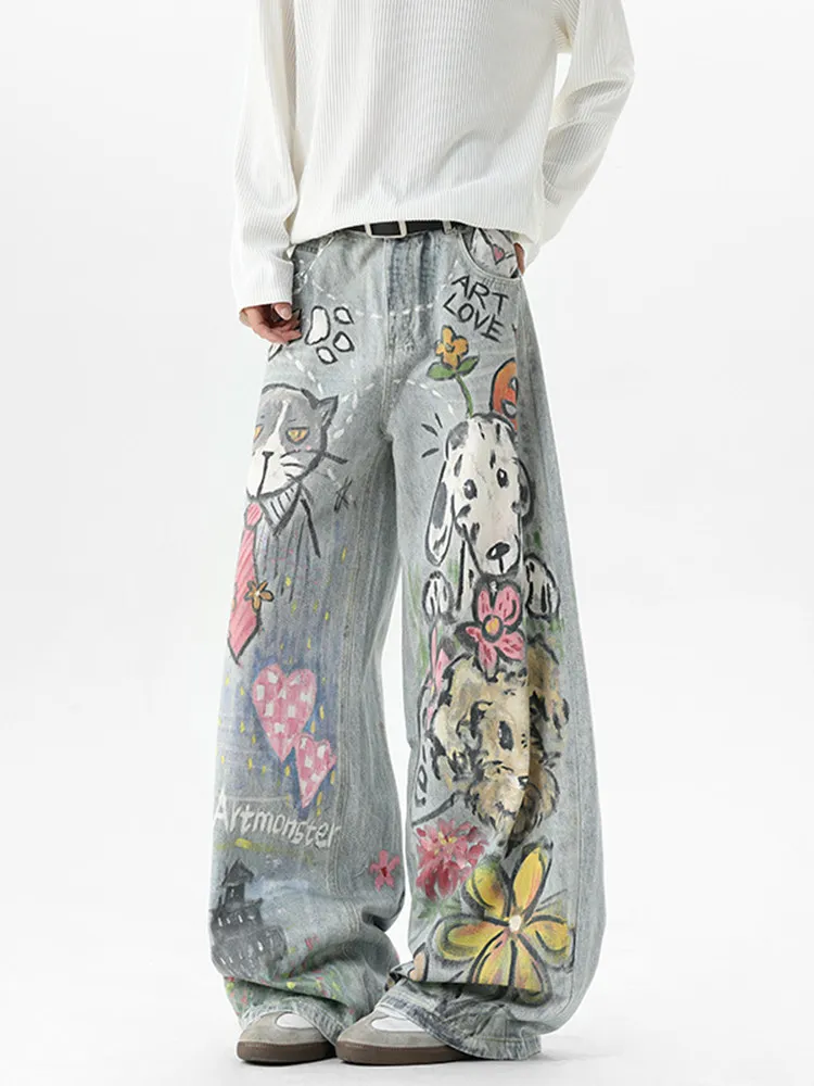 cutecore clothes Cartoon Graffiti Jeans for Men Women Spring Fall HipHop Streetwear Loose Fit Flared Straight Leg Pants