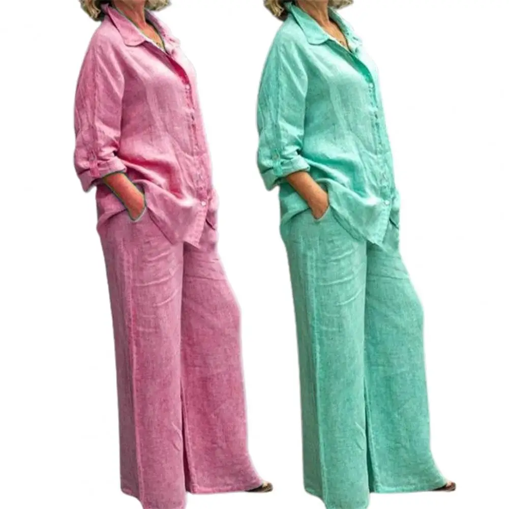 

2 Pcs/Set Women Shirt Pants Suit Buttons Loose Soft Single-breasted Plus Size Turn-down Collar Lady Outfit Set Women Clothing