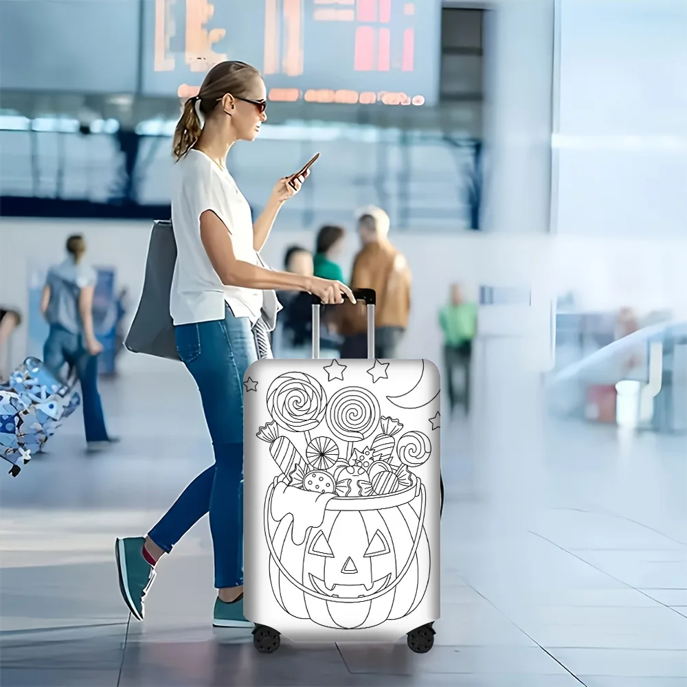 1PC Halloween Pumpkin Candy Print Luggage Cover with manual doodle colors. Fits luggage from 18-32 inches; dust and elastic trav