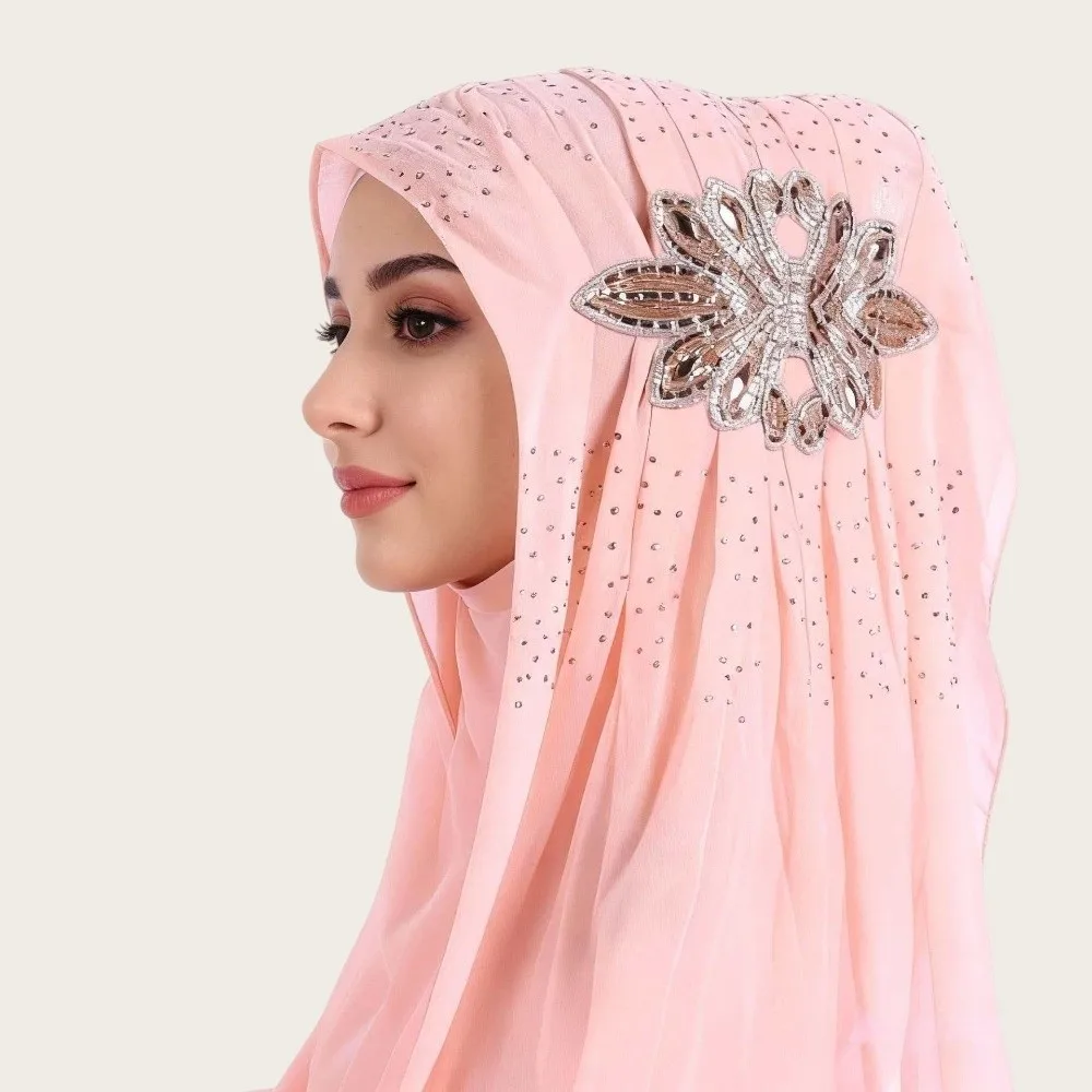 Shiny Chiffon Hijab Rhinestone Flower Decor Solid Color Head Wrap Turban Light Luxury Breathable Sequin Embellished Headscarf