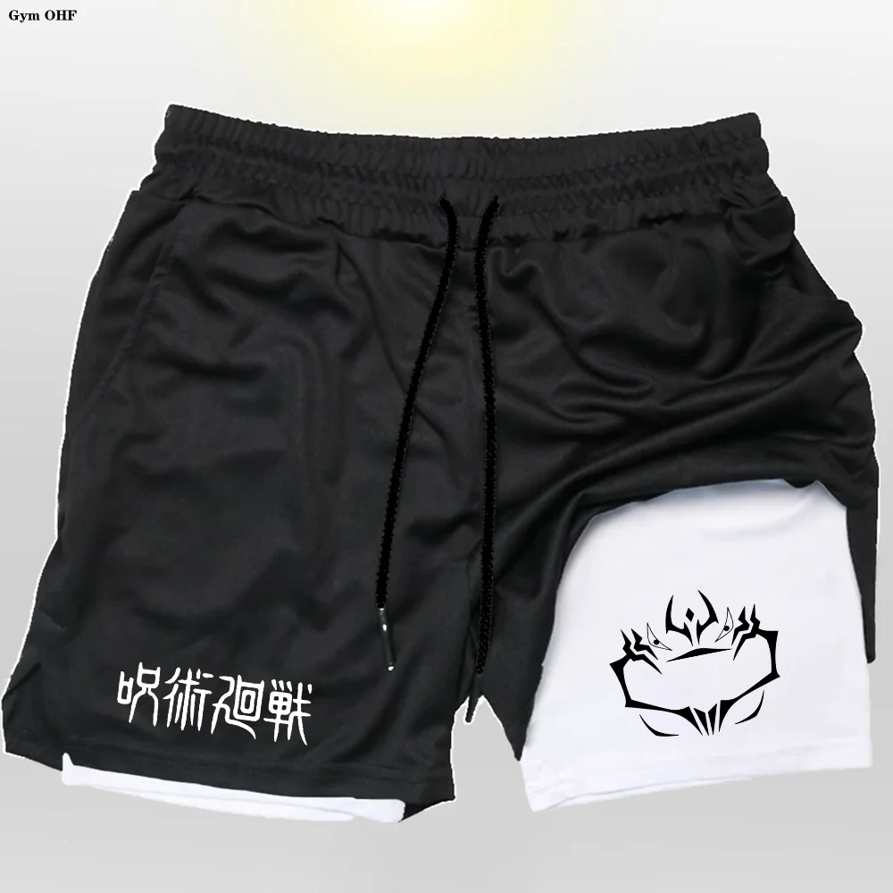 Compression Shorts For Men 2 in 1 Anime Jujutsu Kaisen Gym Jogging Running Training Breathable Fitness Double Layer Short Pants