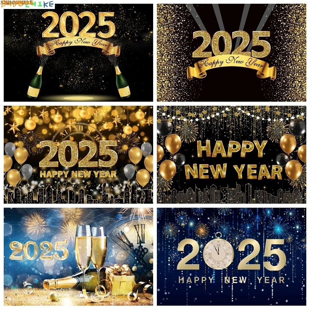 

2025 New Year Backdrop Glitter Firework Balloons Clock Champagne Wine Glass Happy New Year's Eve Photography Background Decor