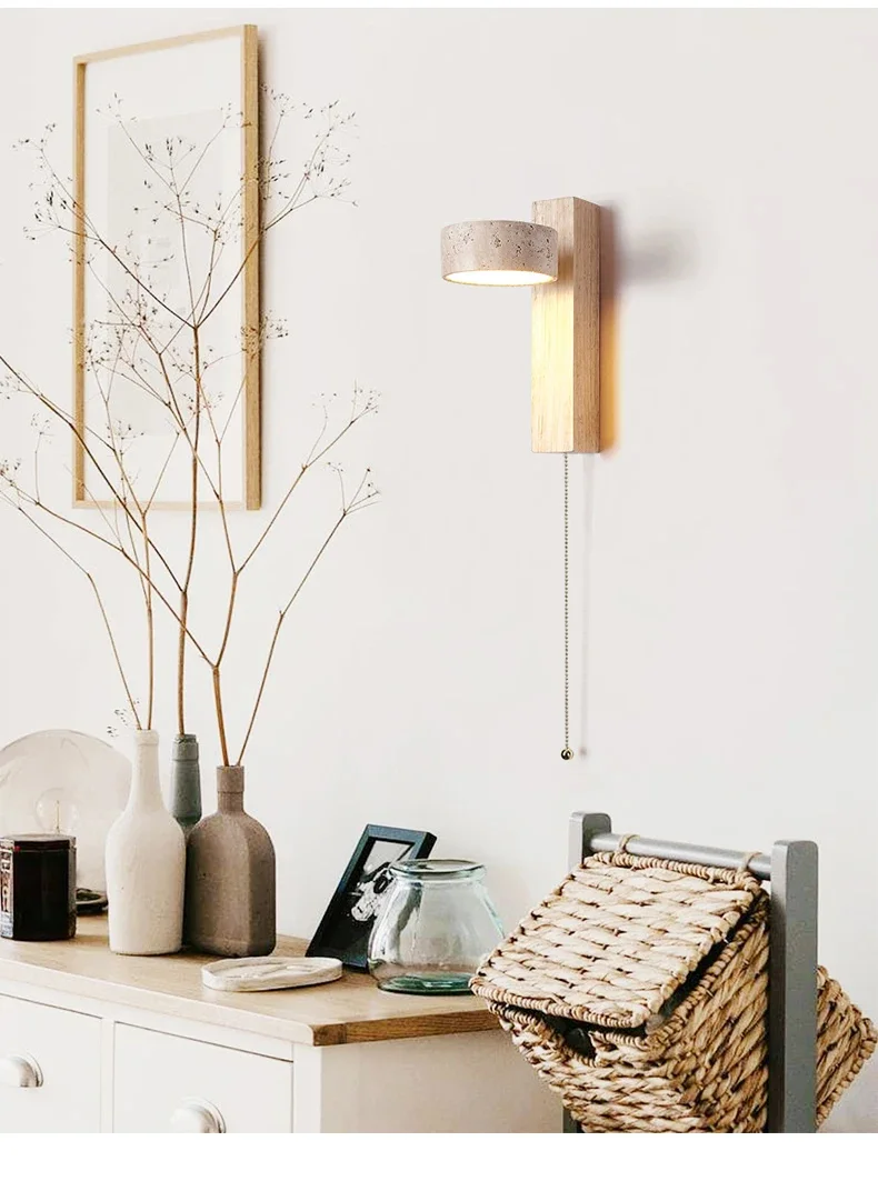 Wandleuchte im Wabi Sabi-Stil, natürlicher gelber Travertinstein, drehbar, mit Zugkettenschalter, LED-Nussbaumholz-Dekorleuchte für Schlafzimmer – Detail 3