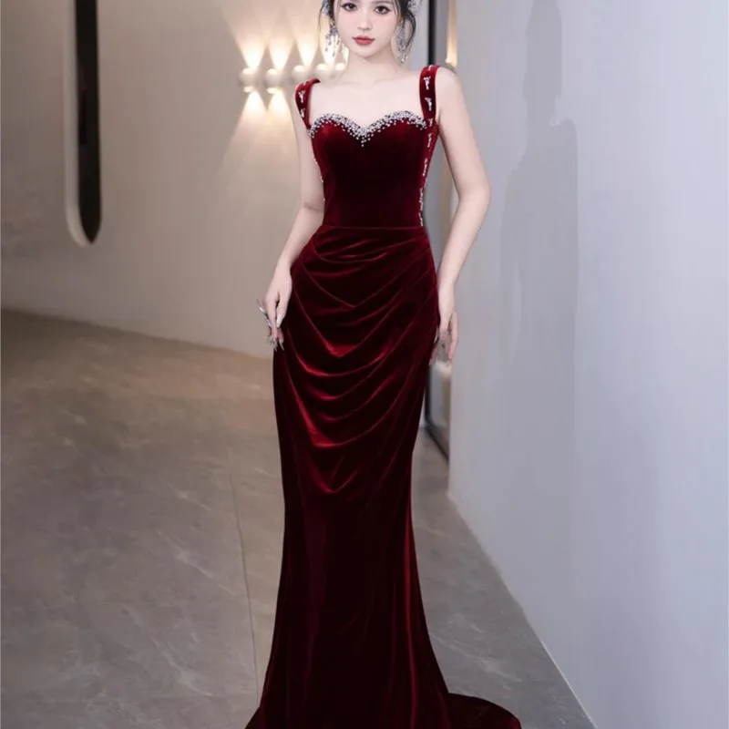 

Velvet toasting wine red spirit ribbon fishtail banquet dress