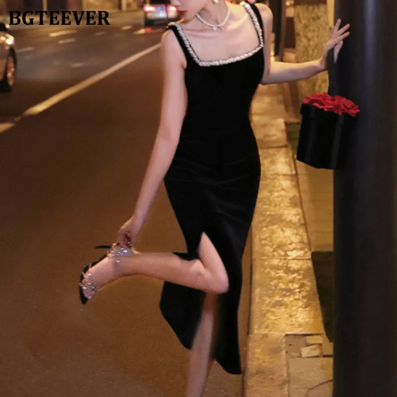 BGTEEVER Fashion Chic Ladies Slim Waist Bodycon Split Mid-Length Dress Elegant Spring Summer Female Sleeveless Velvet Dress