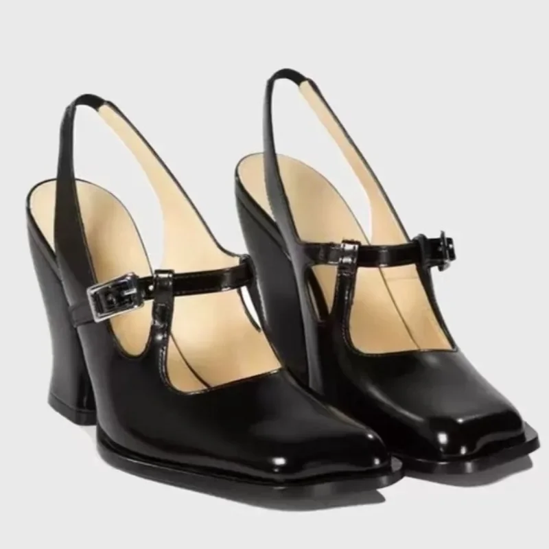 

Women High Heeled Sandals Fashion Square Head Design High Heels Sandal High Quality Patent Leather Thick Heel Single Shoes Pumps