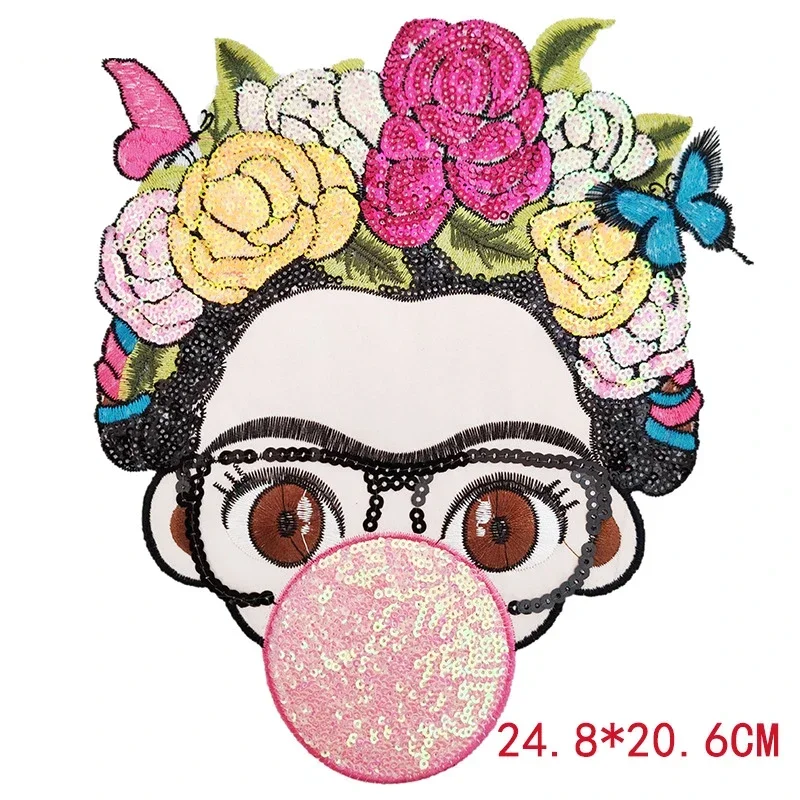 Mexican Flowers Headwear Girls Iron on Patches Cartoon Characters Sequins Embroidery Patch for Clothing  Accessories Bag Sticker