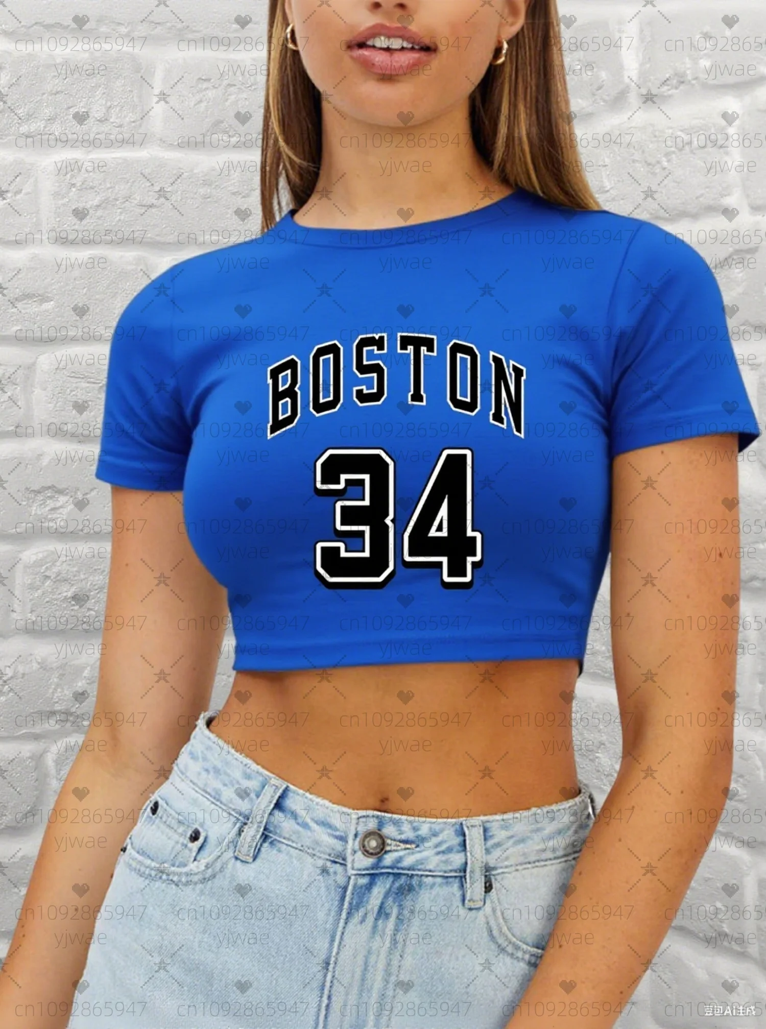 2025年夏新作 レディース ボストン NO.34 プリント カジュアル クロップド ショート丈 Tシャツ グラフィックTシャツ ラウンドネック カジュアル ショート丈トップス