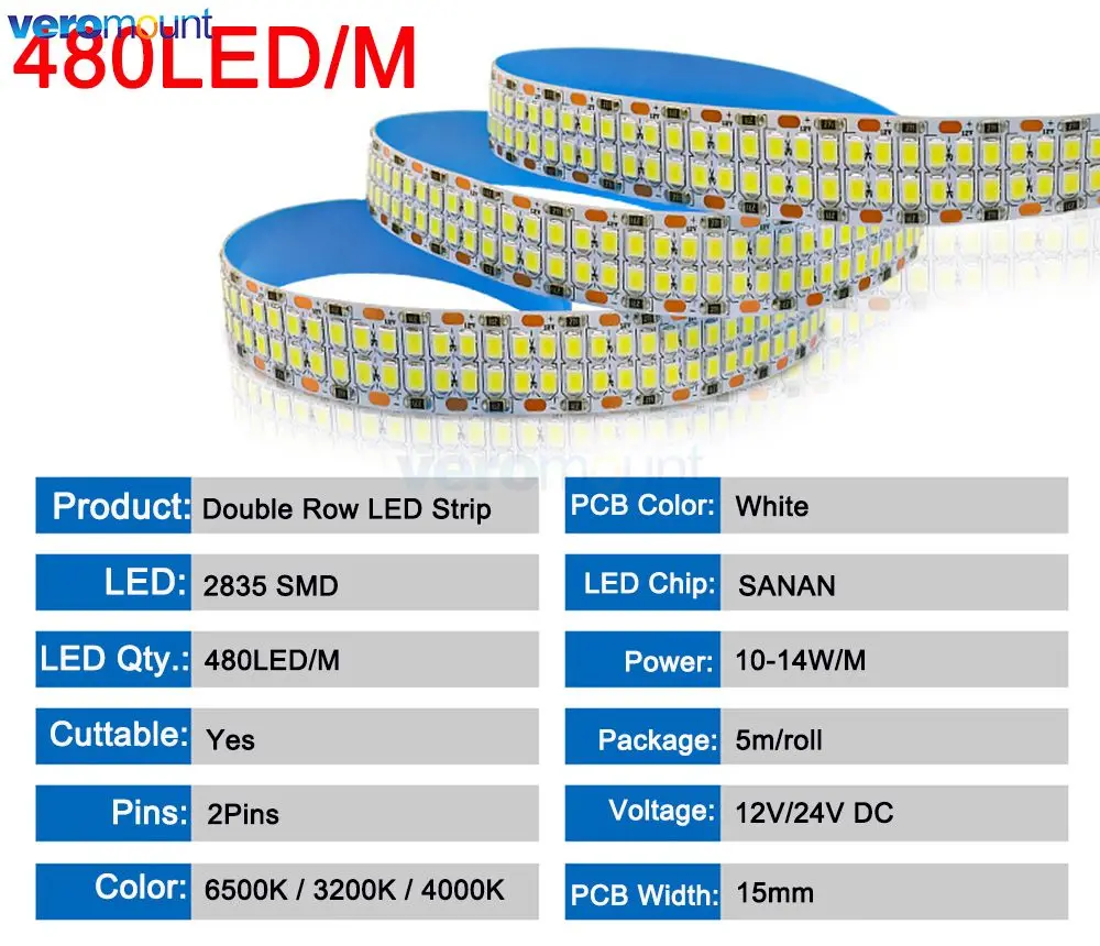 5m Double Row 2835 Flexible LED Strip 240leds/m 480leds/m Cool Warm White 4000K IP20 Non-Waterproof 1200/2400 SMDs 12V 24V DC