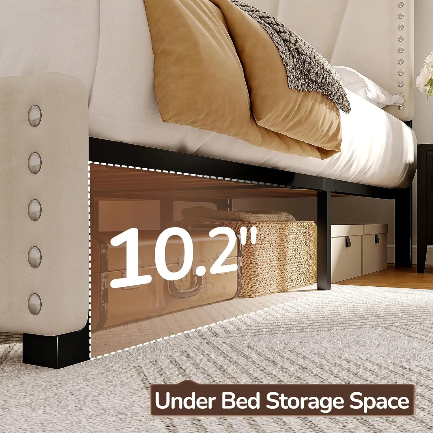 King Size Bed Frame with Velvet Headboard and LED Lights， Storage Headboard Platform Bed with Charging Station image 5