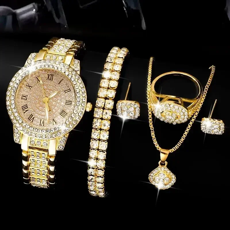 AAABCGolden Watch Women Ring Necklace Earrings Rhinestone Fashion Wristwatch Female Casual Ladies Watches Bracelet Set Clock