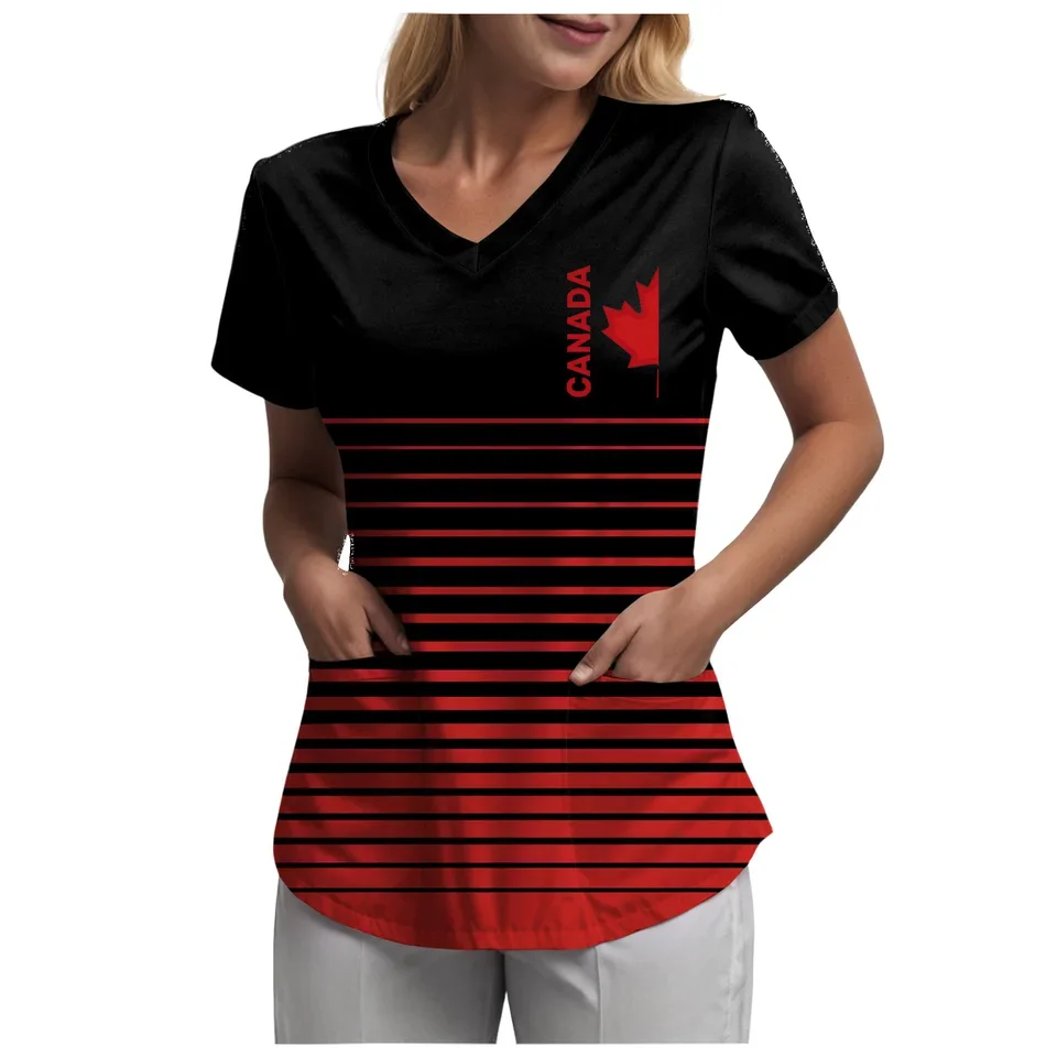 Canada Day Women T Shirt Canadian Flag 3D Print Short Sleeved V Neck Tops Summer Maple Leaf Graphic Tees Shirts With Pockets