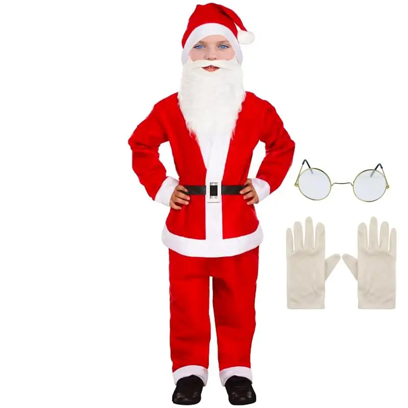 Kids Boys Santa Claus Costume Suit Fancy Clothes Xmas Cosplay Props Childs Coat Pants Beard Belt Hat Christmas Set