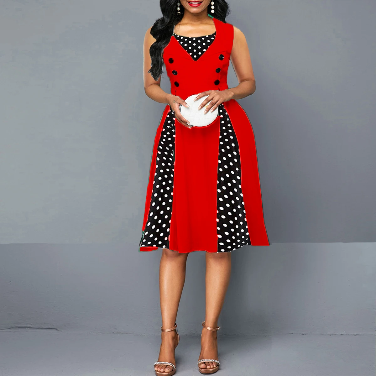 Damen Ärmelloses Elegantes Vintage 1950er A-Linien-Kleid mit Frontreißverschluss Rockabilly Casual Party Slim Fit und Ausgestelltes Swing-Kleid