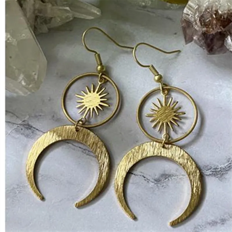 Charming Stone Crescent Moon Sun Earrings Phase Boho Witchy Brass Hippie Delicacy Novelty Jewelry Women Gift Metal Statement view 4
