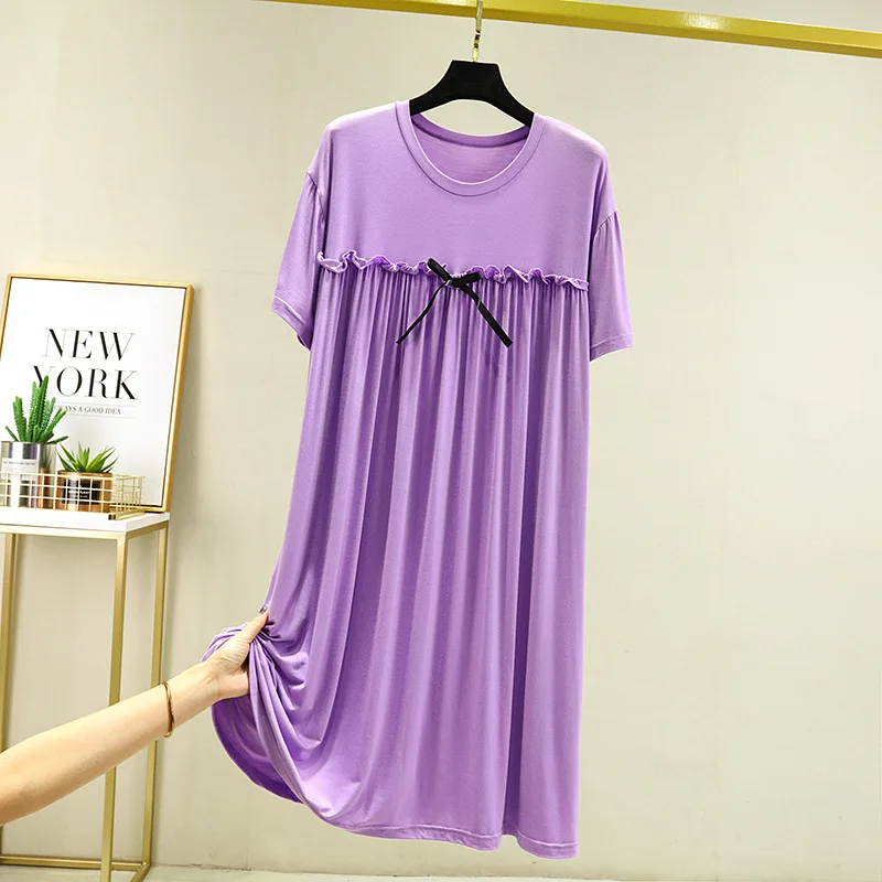 Modal Nightgown Summer Thin Nightdress Short Sleeve Sleepwear Bowknot Round Collar Nightwear Comfortable Women's Home Clothes