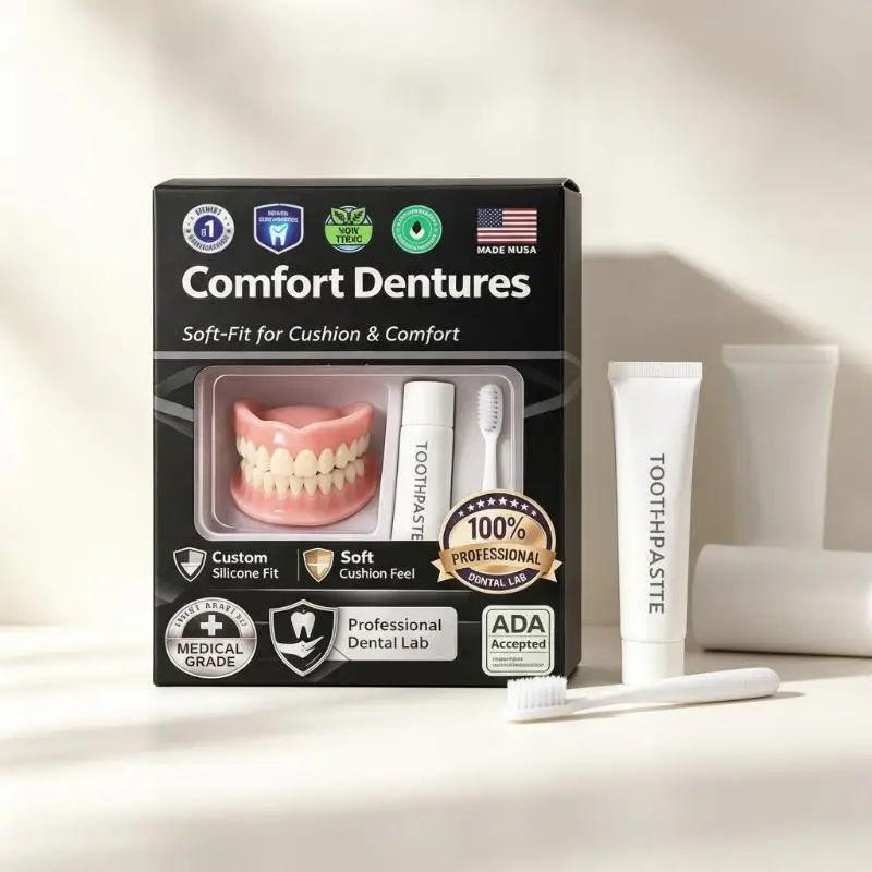 1 Set Upper & Lower Natural Ivory False Teeth Sets Moldable Silicone Denture Kit Instant Smile With Free Toothbrush & Toothpaste