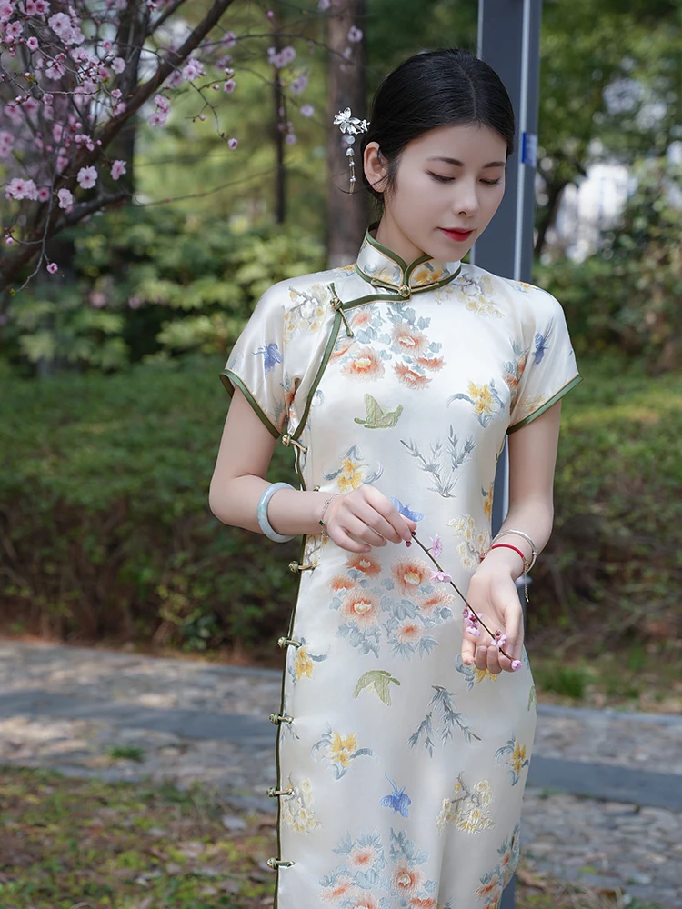 

Love Single Layer Embroidered Stand Collar Handmade Slimming Long Dr Vintage Sle Daily Wear ort Sl...