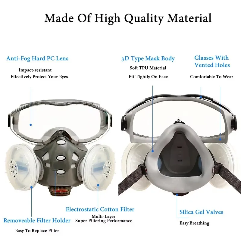 Respirator With Anti-Fog Safety Glasses Integral Full Dust Mask For Painting Polishing Woodwork Work Safe Dustproof Face Mask
