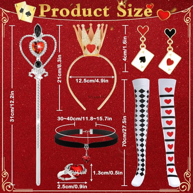 6 قطعة زي ملكة القلوب الأحمر الملكة زي الاكسسوارات عقال للرأس على شكل تاج عصا المختنق قلادة الجوارب القلب الدائري أقراط الهالوين