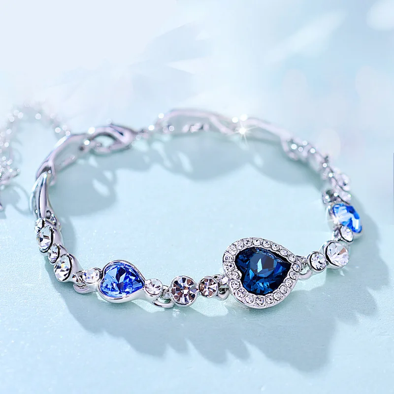 2023 New Female Luxury Lucky Bracelet For Women Blue Crystal Heart Charms Bracelet Bridal Wedding Engagement Fine Jewelry Gift