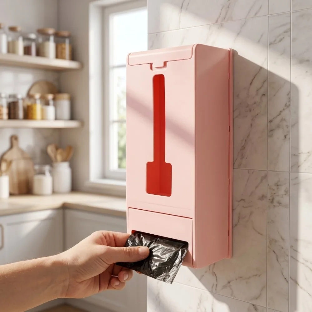 Plastic Plastic Bag Dispenser Pink Multi-Purpose Garbage Bag Dispenser Space Saver Wall Mounted Trash Bag Organizer
