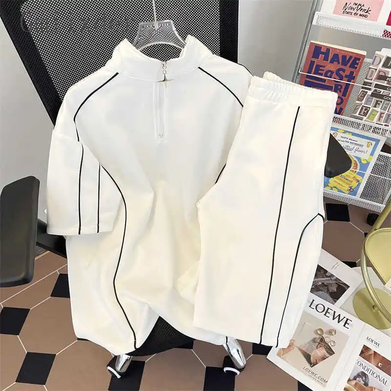 

Japanese Summer Harajuku Striped Shirt Men's Suit Korean Elegant High Street Tracksuits Trendy Loose Long-sleeved Shirt Shorts