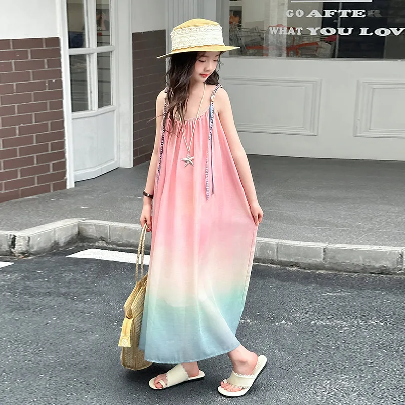 สไตล์ฝรั่งเศสเด็ก Designer Luxury Pink Gradient Beach Dress สําหรับสาว Elegant Vintage วันหยุดเสื้อผ้าเด็กชุดเดรสแขนกุด